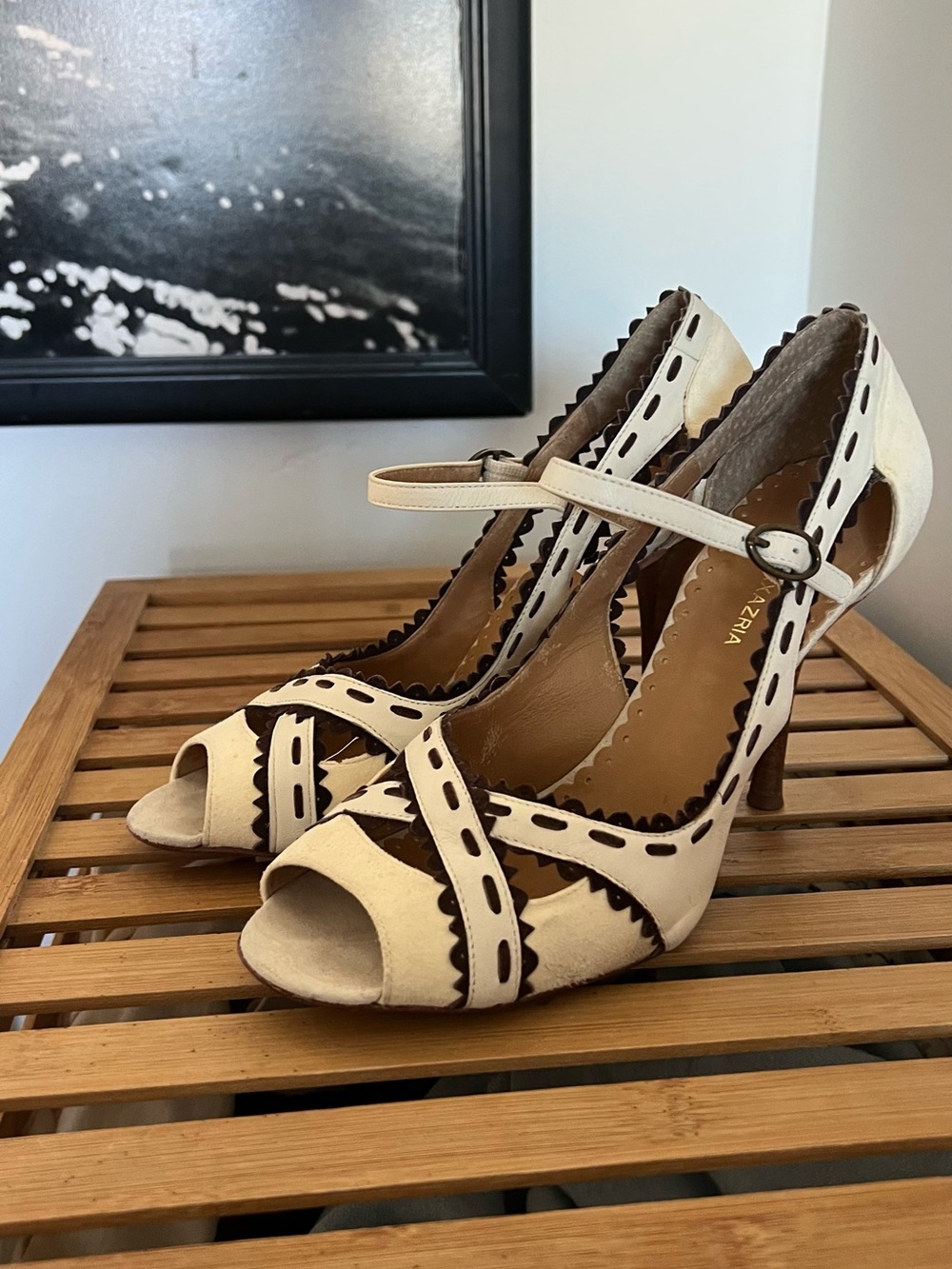 BCBGMaxAzria Cream and Brown Peep-Toe Ankle-Strap Heels